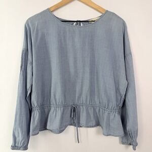 Madewell Blue Gingham Peplum Blouse Top Long Sleeve Tie Back Size L